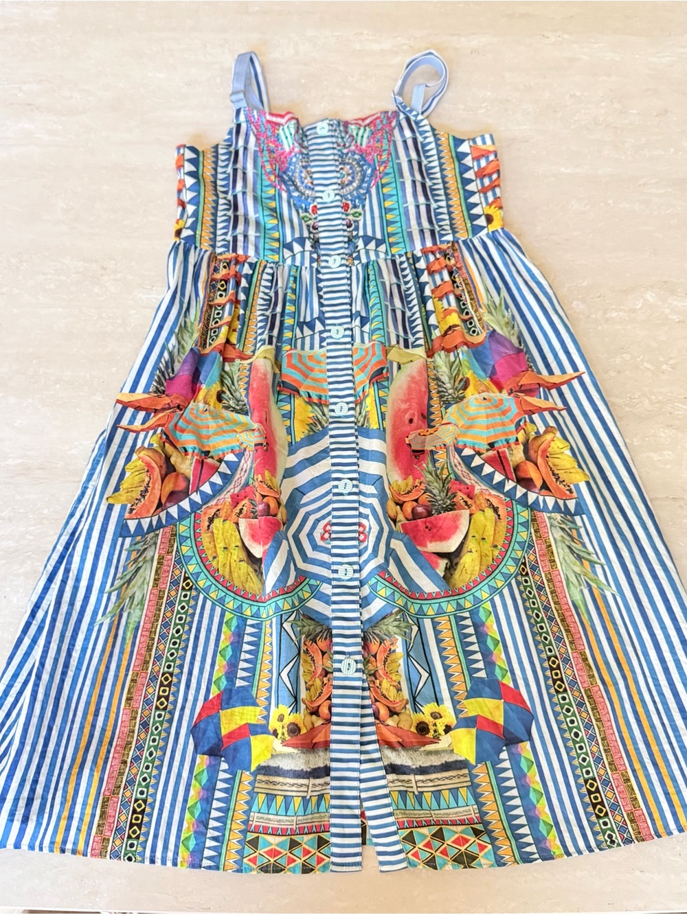 Camilla Blue and Multi-Color Striped Tropical Midi Dress